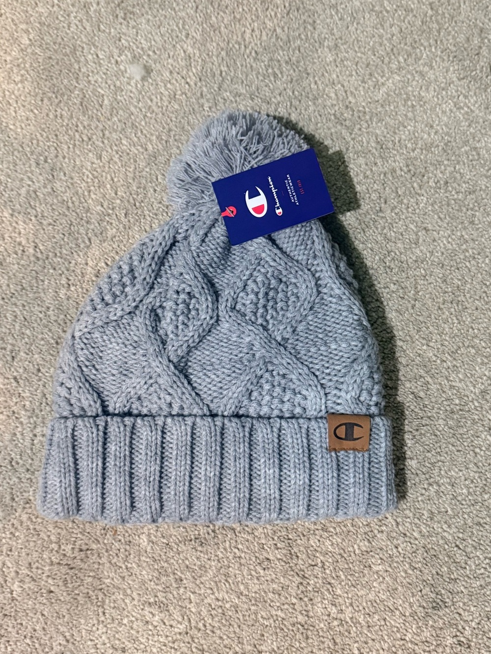 Champion Grey Cable Knit Fleece Lined Foldover Pom Pom Beanie OSFM